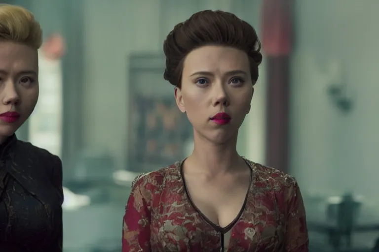 Image similar to scarlett johansson as an racist caricature of a chinese woman in the new movie directed by joss whedon, movie still frame, promotional image, critically condemned, top 6 worst movie ever imdb list, symmetrical shot, idiosyncratic, relentlessly detailed, limited colour palette