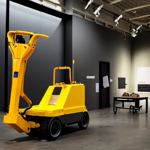 Image similar to a photo of an exhibition of a pure gold pallet truck, in a modern museum, spot lights on the pallet truck, black background.