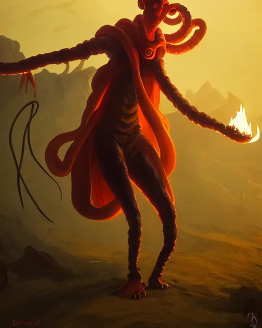 Prompt: tentacled [ squidward ] wearing fire nation clothing and practicing firebending outside at susnset, [ greg rutkowski ]