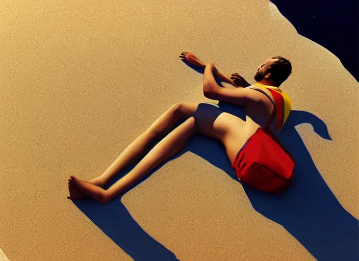Image similar to an astronaut sunbathing at the beach with, isometric, complimentary colors, perfect lighting, aesthetic, masterpiece, award winning, artstation, 4 k, darek zabrocki, greg rutkowski, artgerm