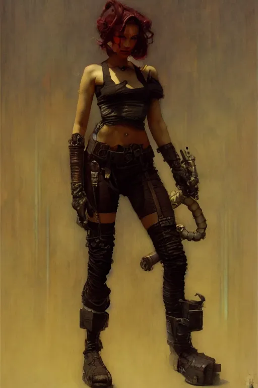 Image similar to full character portrait max mad cyberpunk, machinist tech solider girl character design, painting by gaston bussiere, katsuya terada, nc wyeth, greg rutkowski, craig mullins, vermeer, frank frazetta, tom of finland, trending on artstation, jeffery catherine jones