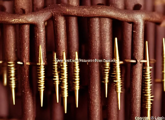 Prompt: realistic photo of a a old wooden sculpture object of a pants made of dark old cherry wood, covered with tiny brass spikes 1 9 9 0, life magazine reportage photo, natural colors