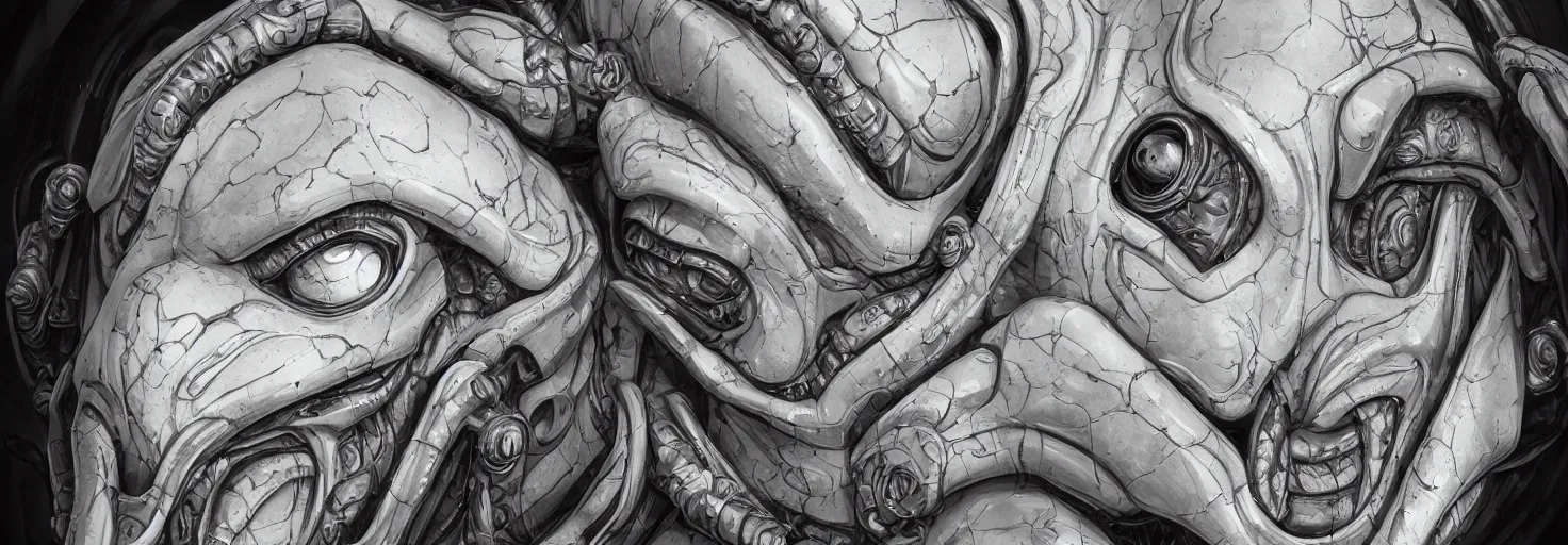 Image similar to engineer alien face by Artgerm, alien, highly detailed, symmetrical long head, smooth marble surfaces, detailed ink illustration, raiden metal gear, cinematic smooth stone, deep aesthetic, concept art, post process, 4k, carved marble texture and silk cloth, latex skin, highly ornate intricate details, moody lighting, hr geiger, hayao miyazaki, by Artgerm