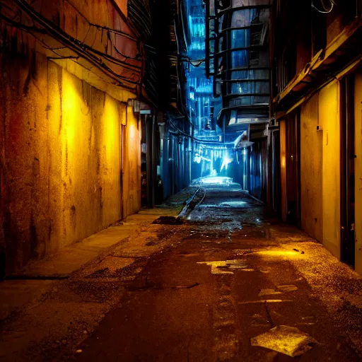 Prompt: a cinematic frame of a dead end alleyway in a futuristic dystopian city, night time, littered with garbage, cold blue lighting, brutalist architecture, damp, cityscape, vanishing point perspective