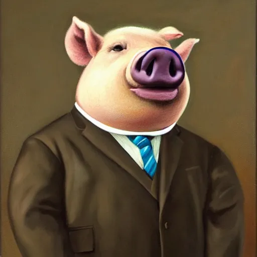 Image similar to portrait of an anthropomorphic fat pig wearing a suit, oil painting, masterpiece, extremely detailed, sharp focus, intricate, award-winning, hyperrealistic