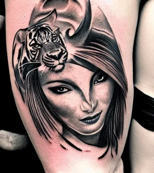 Image similar to tattoo design of a beautiful girl warrior under a tiger head, hyper realistic, realism tattoo, by eliot kohek, beautiful eyes, realistic face, black and white, white background