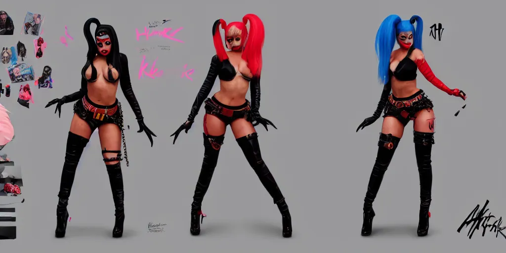 Image similar to nicki minaj as harley quinn, character sheet, concept design, contrast, hot toys, kim jung gi, greg rutkowski, zabrocki, karlkka, jayison devadas, trending on artstation, 8 k, ultra wide angle, pincushion lens effect