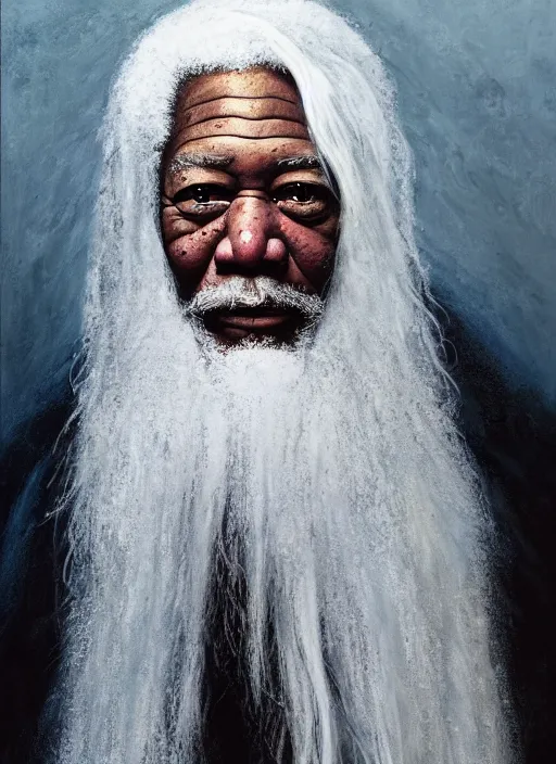 Image similar to portrait of morgan freeman as evil saurman the white, long white hair and white beard, long white robes, by alan lee, lord of the rings, smooth, oil painting, matte painting, concept art, trending on artstation, promotional artwork, film still, elegant, photorealistic facial features, intricate, detailed face, cinematic lighting