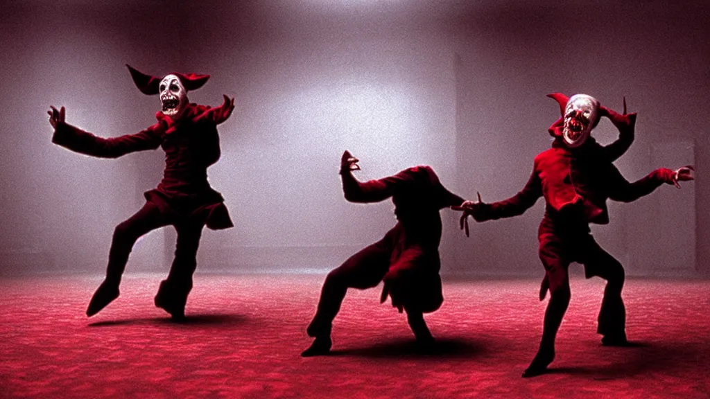 Image similar to a scary jester dances in a black and red checkered room, film still from the movie directed by Denis Villeneuve with art direction by Zdzisław Beksiński, wide lens