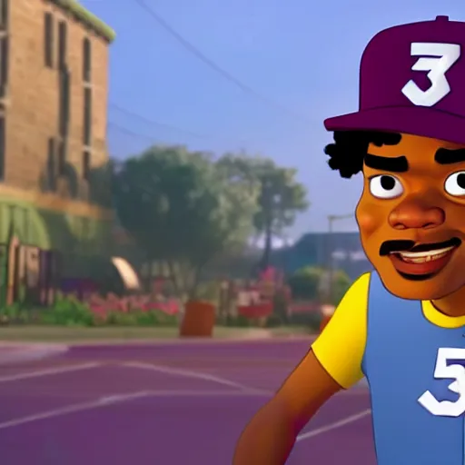 Image similar to a tv still of Chance The Rapper starring in a 2006 Pixar Animated movie