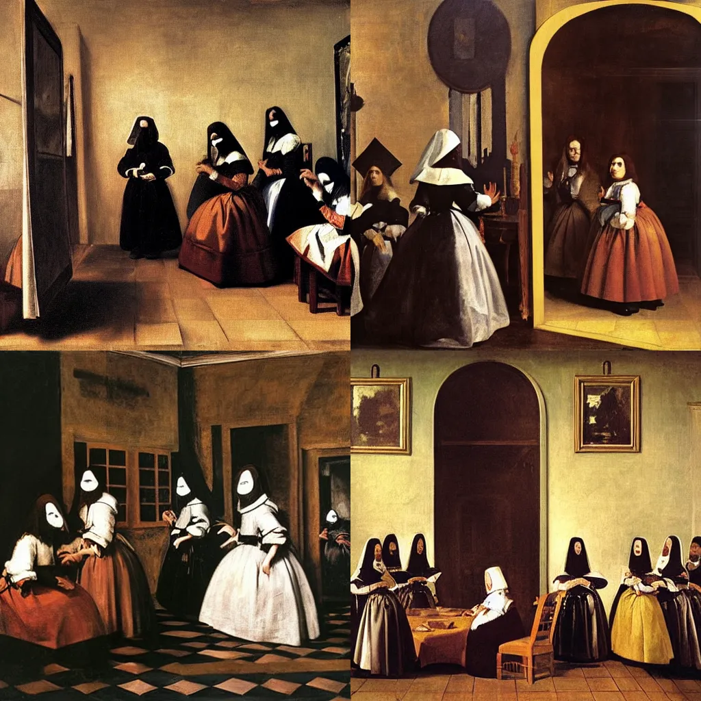 Prompt: painting las meninas by diego Velazquez except the humans are all wearing occult masks