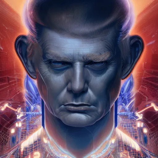 Image similar to cyborg Donald Trump from another dimension, cinematic lighting, intricate, elegant, highly detailed, digital painting, artstation, sharp focus, illustration, art by artgerm and greg rutkowski and alphonse mucha and Wayne Barlowe and william-adolphe bouguereau