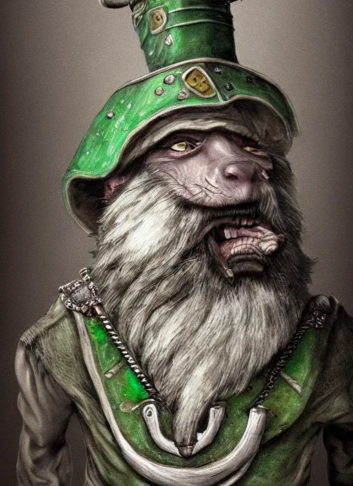 Image similar to anthropomorphic rat with human eyes and a gray beard, wearing jewelry, tricorne hat, green robe, skaven, warhammer fantasy, d & d, digital art, detailed face, highly detailed, trending on artstation, realistic