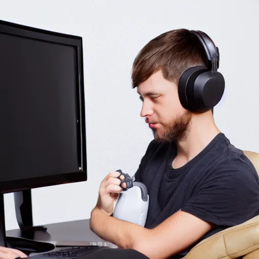 Image similar to Kitten playing video games in an bedroom, looking at a colorful computer monitor, wearing black headphones