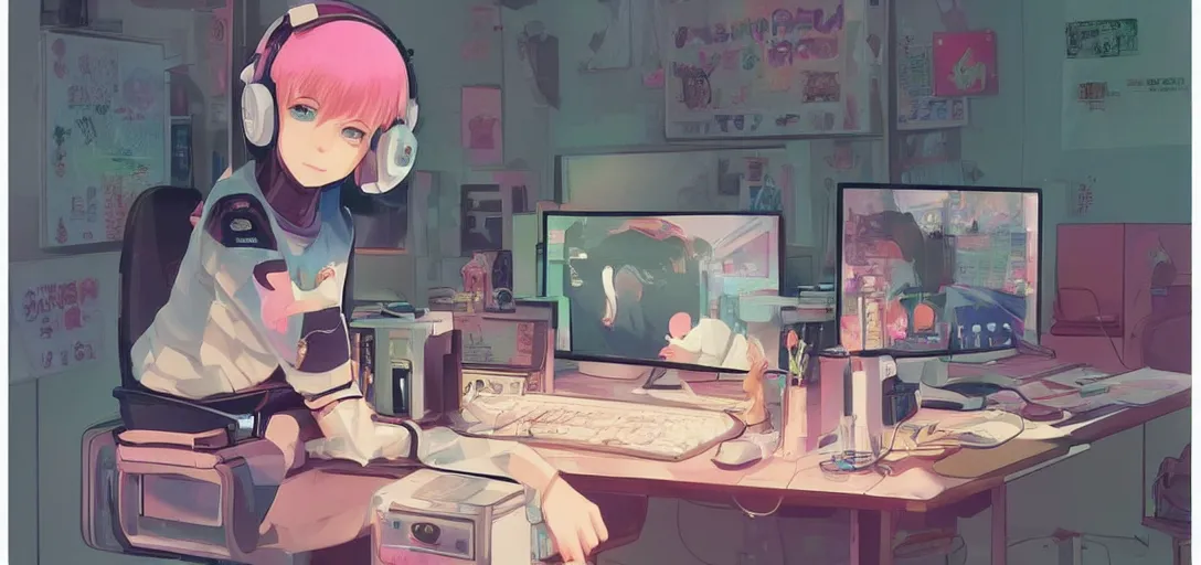 Image similar to a kawaii blond woman with cat ear headphones, sitting in front of computer, gamer, computer nerd, cute room, neon lights, gamer aesthetic, lofi vibes, strong crisp lineart and flat color, by ilya kuvshinov, krenz cushart, Greg Rutkowski, trending on pinterest