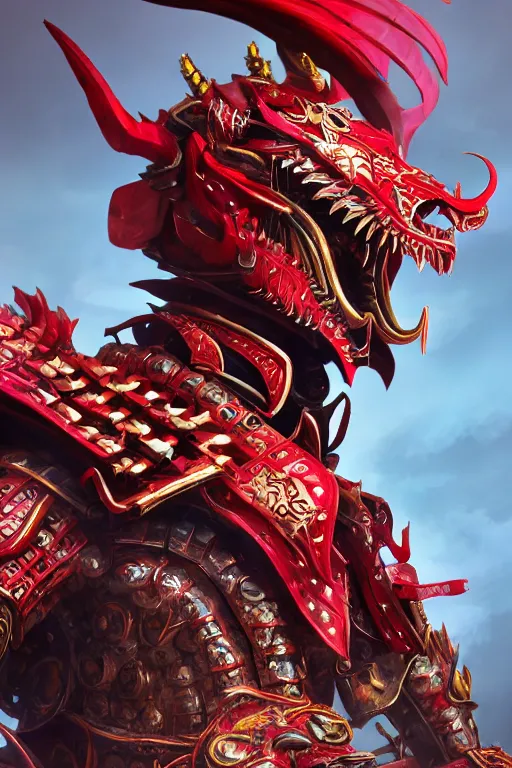 Prompt: full body portrait of a mechanical dragon samurai in red japanese armor, Records of the Three Kingdoms, Concept Art, ultra detailed, octane render, 8k, artstation