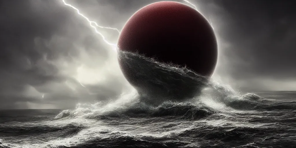 Image similar to A dark biological perfect sphere emerging from a tumultuous sea, dramatic, lightning, tornado, digital art, dramatic light, artstation