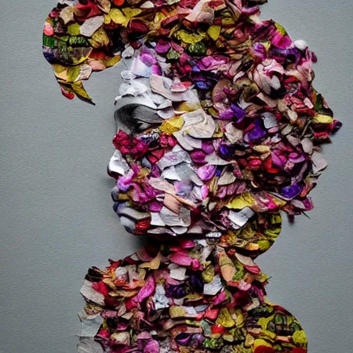 Image similar to a portrait of a woman constructed from flower petals, layered composition, layers, texture, mcu, newspaper, highly textured, layered, sculpted, dynamic,