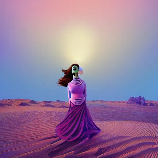 Image similar to portrait, giant purple dahlia flower head, woman between dunes, surreal photography, sunrise, blue sky, dramatic light, impressionist painting, digital painting, artstation, simon stalenhag