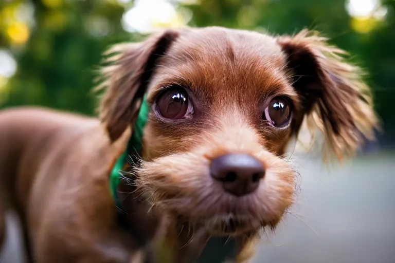 Prompt: closeup potrait of a small brown dog licking its nose in central park, natural light, sharp, detailed face, magazine, press, photo, Steve McCurry, David Lazar, Canon, Nikon, focus