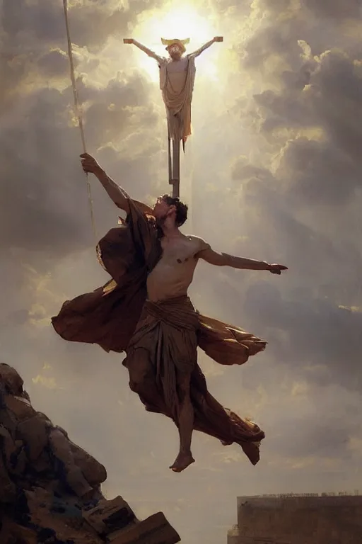 Image similar to beautiful oil painting portrait of ancient roman god emperor steve buscemi hovering in the air wearing the civic crown levitating and ascending in stations of the cross pose, art by anders zorn, wonderful masterpiece by greg rutkowski, expressive brush strokes, beautiful cinematic light, american romanticism by greg manchess, jessica rossier