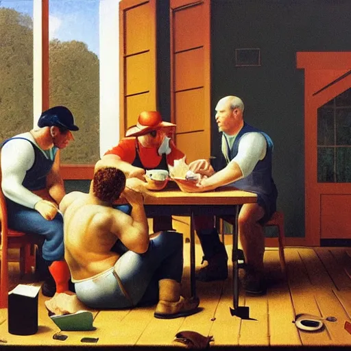 Image similar to a foreman calls his crew for lunch by Raphael, Hopper, and Rene Magritte. detailed, romantic, enchanting, trending on artstation.