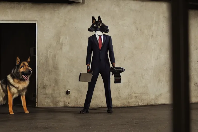 Prompt: film still of the main character furry anthro anthropomorphic german shepard head animal person fursona wearing clothes a suit and tie standing holding a pistol in the garage scene in an action movie posing for the camera 2020, 4k