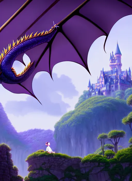 Image similar to a wholesome animation key shot of a purple dragon, castle in the background, studio ghibli, pixar and disney animation, sharp, rendered in unreal engine 5, anime key art by greg rutkowski, bloom, dramatic lighting