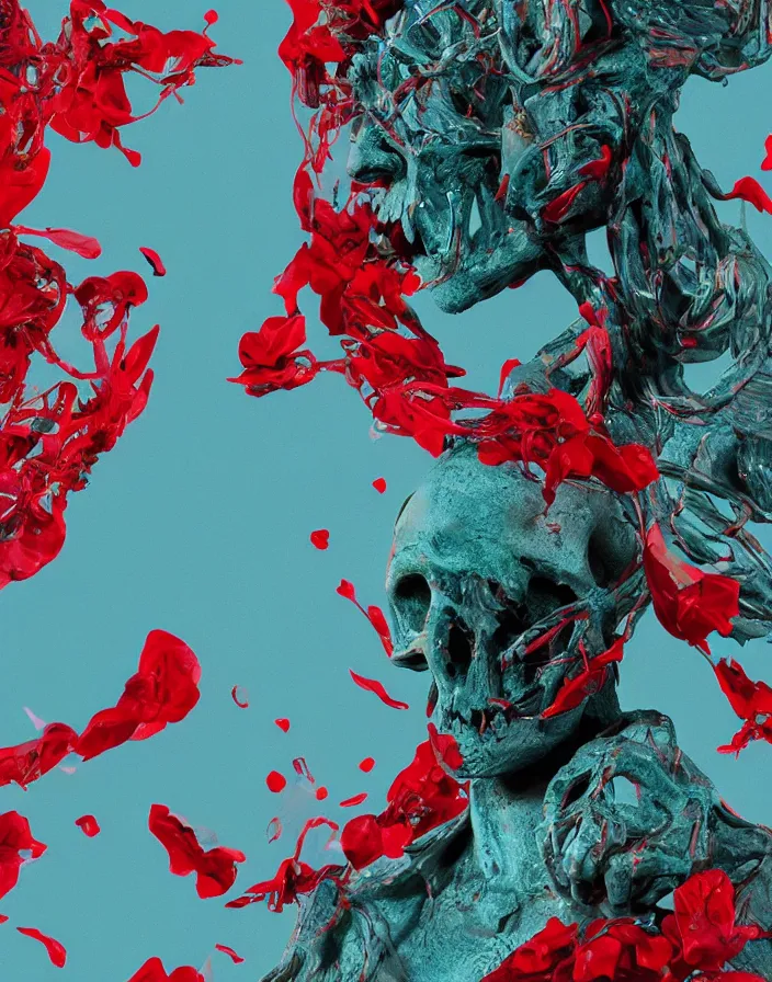 Prompt: rodin Mikelandgelo sculpture . silk, fabric, birds, skulls, bones, flowers. red plastic. baroque elements, human skull. intricate artwork by artstation. halo. octane render, cinematic, hyper realism, octane render, 8k, depth of field, bokeh. iridescent accents. vibrant. teal and gold and red colour scheme