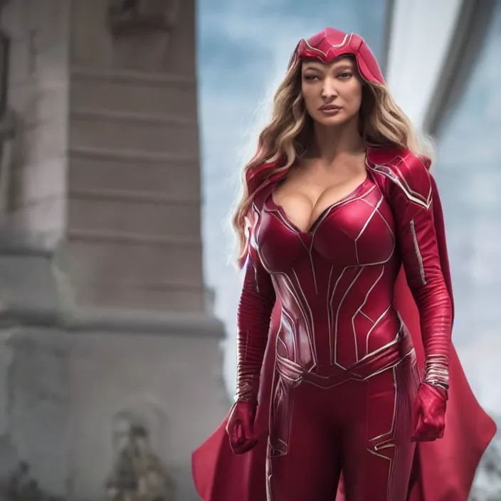 Image similar to movie still of lindsey pelas as scarlet witch, directed by russo brothers, 4 k hd, oscar winning, high detail