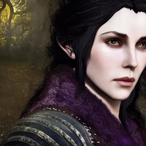 Prompt: yennefer from the netflix witcher as a medieval fantasy tolkien elf, dark purplish hair tucked behind ears, wearing a fur lined collar, wide face, muscular build, scar across the nose, cinematic, character art, 8 k detailed.