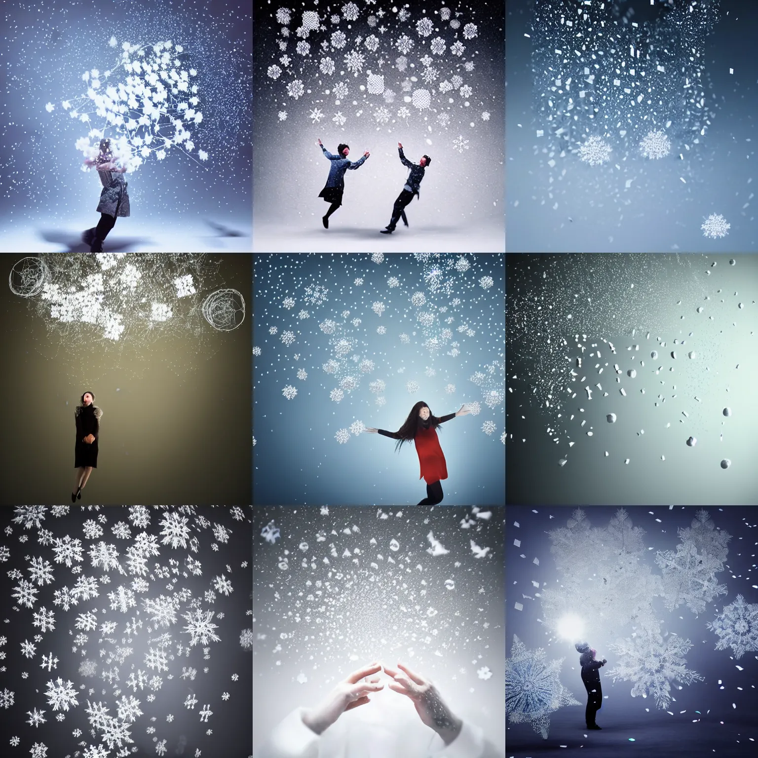 Prompt: surreal photography falling silk snowflakes with tiny faces volumetric render