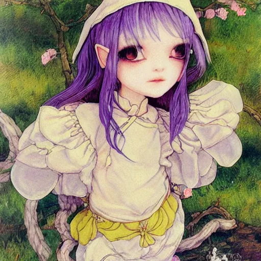 Image similar to little elf tomboy, tunic, soft hair. light color palate, purple, yellow and white. detailed soft painting, ayami kojima, made in abyss, anatomically correct, inspired in balthus