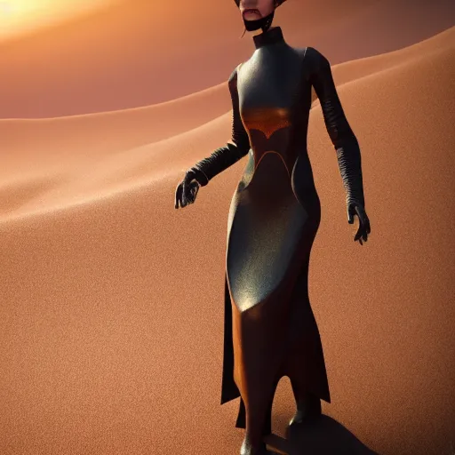 Image similar to dune movie inspired avant-garde art, deco fashion, highly detailed, photorealistic portrait, bright studio setting, studio lighting, crisp quality and light reflections, unreal engine 5 quality render