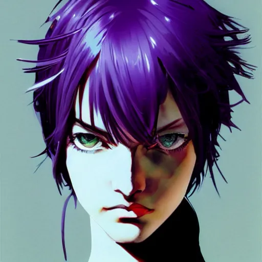 Image similar to purple - haired small beautiful woman with blue eyes, yoji shinkawa