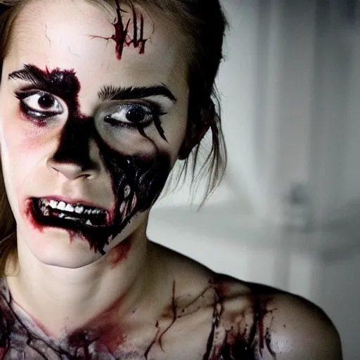 Prompt: movie scene portrait photo of emma watson as scary zombie, 8 k, masterpiece, pinup, highly detailed, smooth, sharp focus