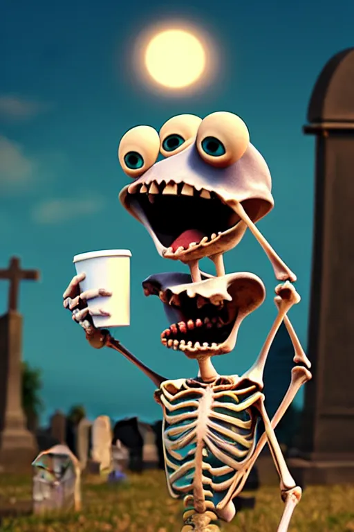 Prompt: a funny skeleton character with big eyes holding a cup of coffee on a cemetery at night. pixar disney 4 k 3 d render movie oscar winning trending on artstation and behance. ratatouille style.