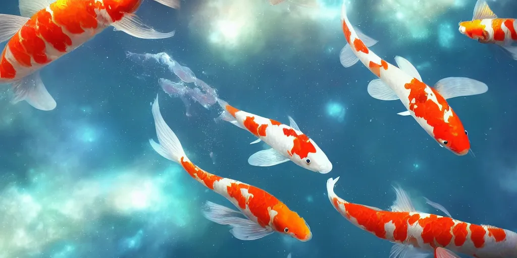 Prompt: koi fish floating in space, realistic detailed digital art by maxwell boas, jessica rossier, christian dimitrov, anton fadeev, trending on artstation, cgsociety, rendered in unreal engine, soft colors, 4 k, hq