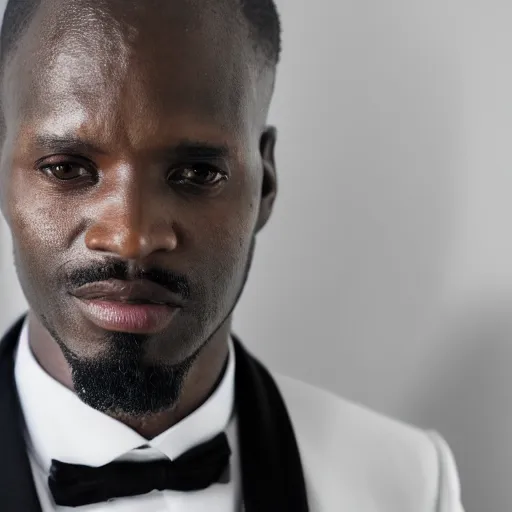 Image similar to closeup of a well groomed African man wearing a white tuxedo, standing in a hotel lobby; bokeh cinematic portrait, realistic photo, 32mm lens