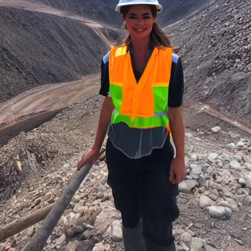 Image similar to photo, close up, sofia vergara in a hi vis vest, in dusty open pit mine, android cameraphone, 2 6 mm,