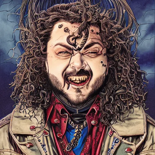 Prompt: portrait closeup of crazy post malone as vampire, symmetrical, by yoichi hatakenaka, masamune shirow, josan gonzales and dan mumford, ayami kojima, takato yamamoto, barclay shaw, karol bak, yukito kishiro