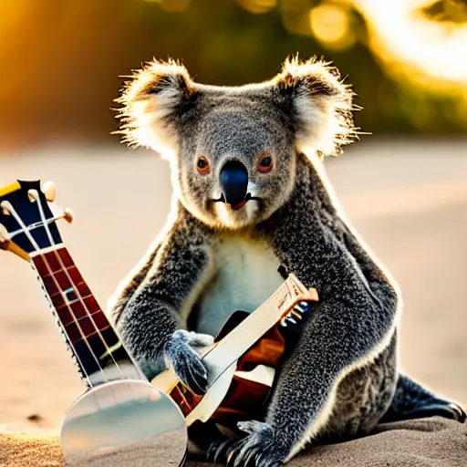 Prompt: A Koala playing the Ukulele on a beach at sunset. 50mm lens, f1.8