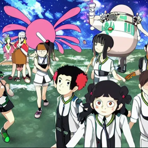 Prompt: studio ghibli Green butterflies in space with Danganronpa characters