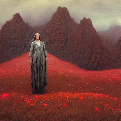 Image similar to A giant woman, wearing clothes made out of thunder clouds and flowers red skin, mountains, Masterpiece, glowing, wires everywhere, by Edgar Maxence and Ross Tran, Zdzisław Beksiński, and Michael Whelan, distant, gustav dore, H.R. Giger, 8k, octane render