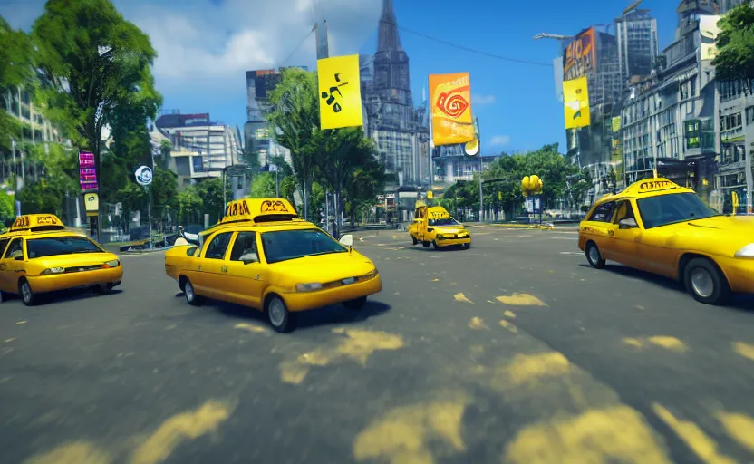 Image similar to ps 4 game about a frog driving a taxi, frog driving a taxi unreal 4 screenshot,