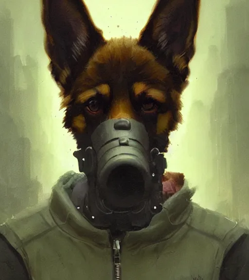 Prompt: new york city portrait of furry anthro anthropomorphic german shepard head animal person fursona wearing clothes strange cybernetic muzzle gloomy rainy cyberpunk 2077 digital art by Greg Rutkowski, Simon Stalenhag, christopher nolan trending on Artstation, CGSociety