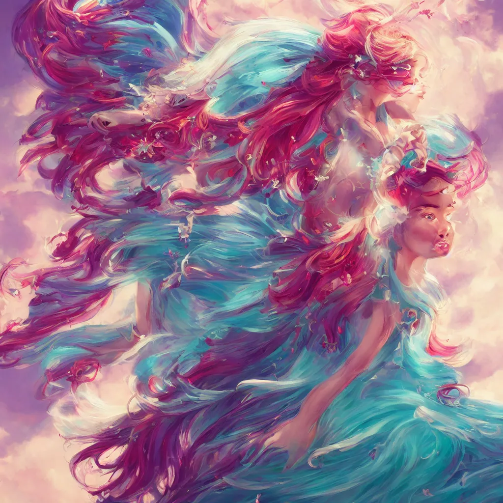 Image similar to a colorful and provenance illustrations painting of the fantasy angel flying with floral wings, highly detailed, her hair made of hair made of air wind and curling smoke, mist, dust, genie, spirit fantasy concept art, art by aenami, alena, afshar, petros and leonid, trending on artstation.