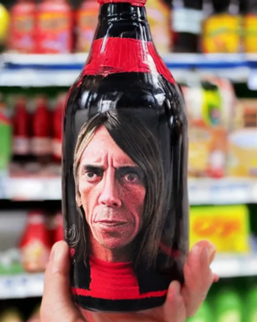 Prompt: a hand holding a bottle of cola with iggy pop's face on the label, inside a supermarket
