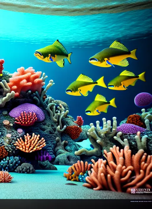 Image similar to hyperrealism, detailed textures, photorealistic 3 d render, an underwater scene with brightly coloured fish & coral, ultra realistic, ultra high pixel detail, cinematic, intricate, cinematic light, octane render, concept art, illustration, art station, unreal engine 8 k