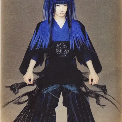 Image similar to a portrait of a handsome young Japanese male wearing a cybergothic outfit with streaks of blue hair